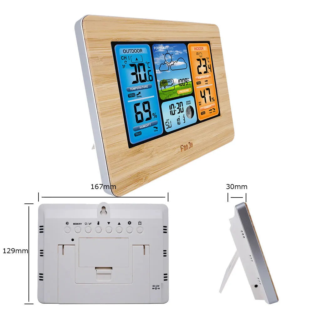 FanJu pocket weather station LCD display in black plastic case showing temperature humidity data