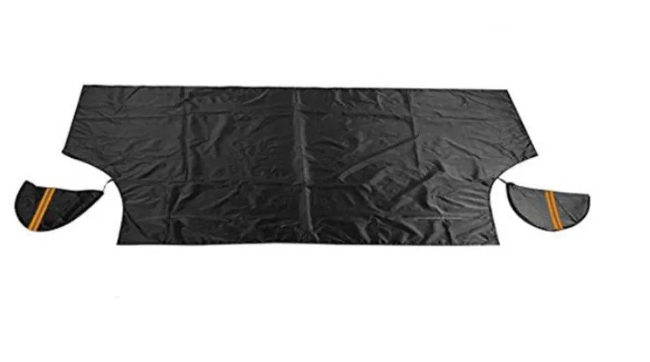 Car windshield snow cover in black and silver waterproof polyester taffeta, 210 x 120cm, with reflective night bar and four magnets.