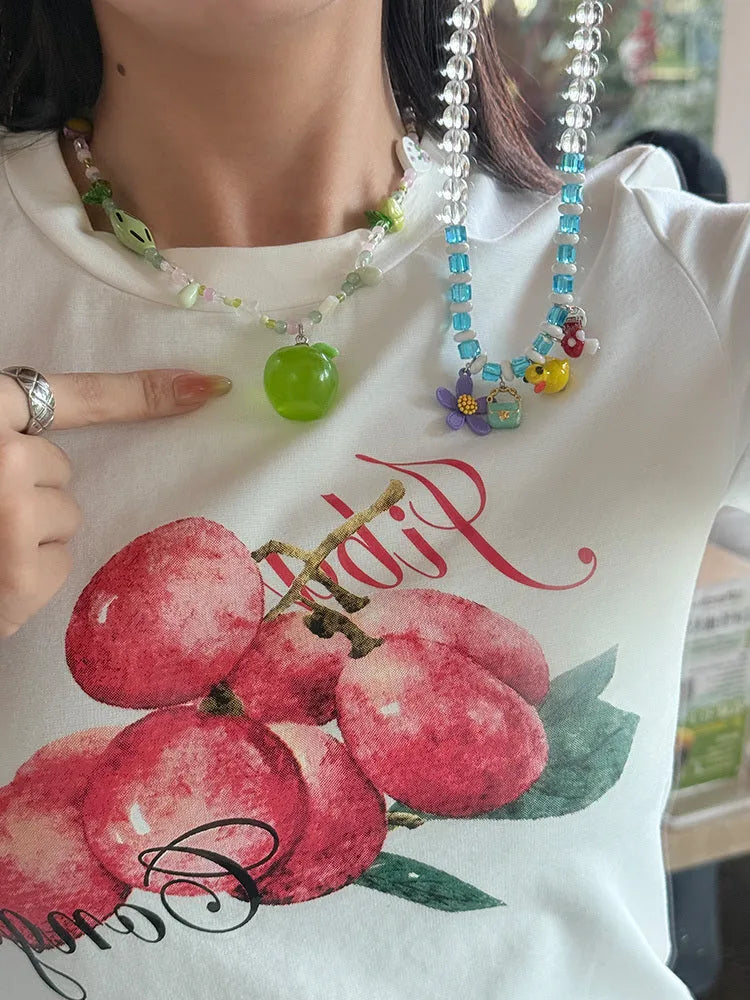 Beaded pendant necklace clavicle chain green apple green colour alloy resin colourful little flower option vacation style