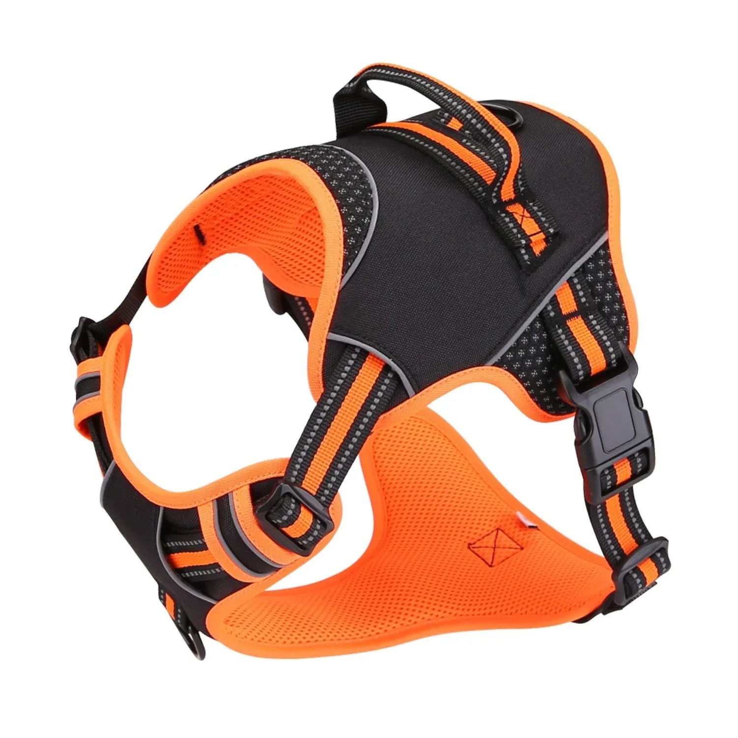Yellow and orange polyester dog harness and lead set shown in three sizes: small, medium, and large.