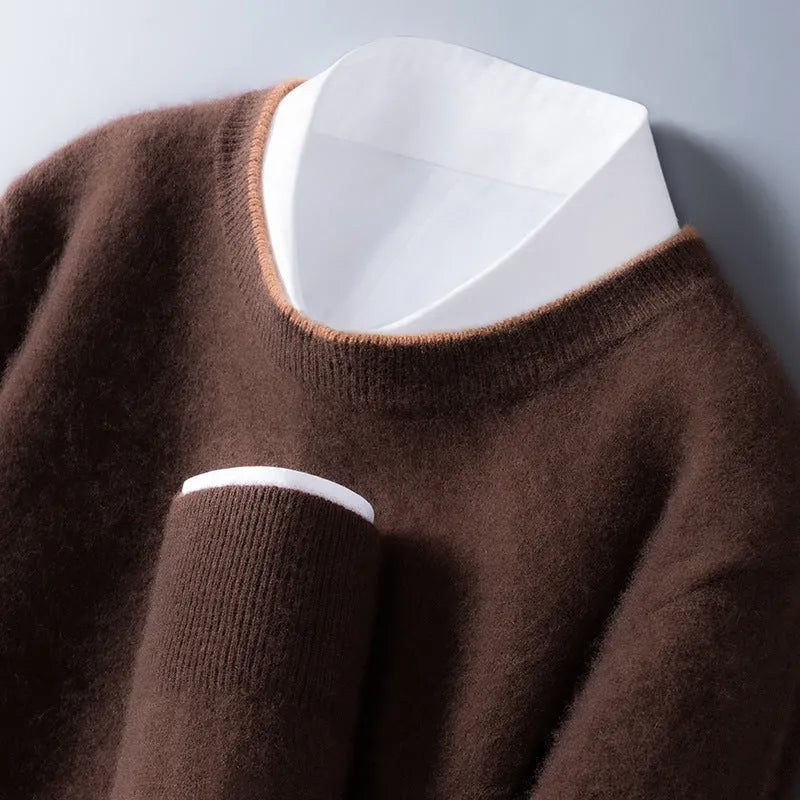 Men's loose fit woolen pullover sweater in dark gray, brown, and dark blue colour options