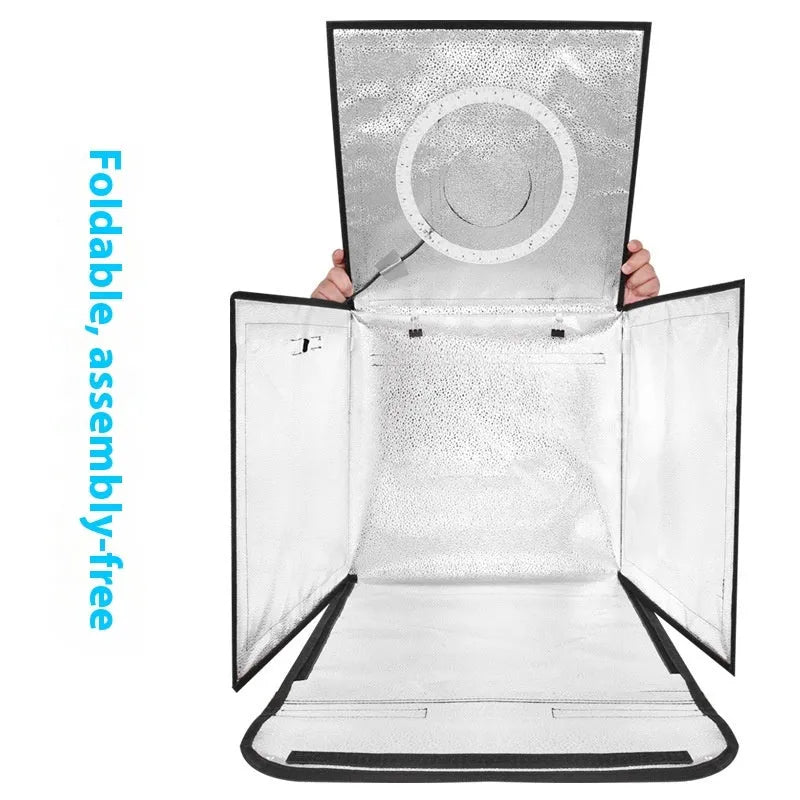 50cm studio light box with metal frame and three-colour LED lighting for product photography