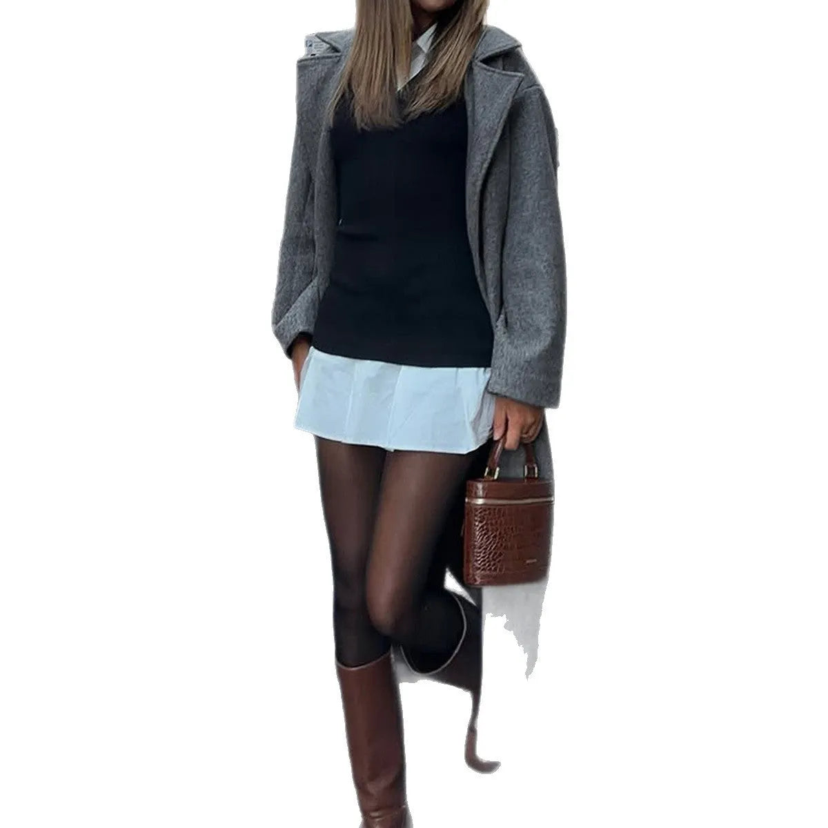 Grey long sleeve polyester coat in sizes S to XL, European and American style outerwear