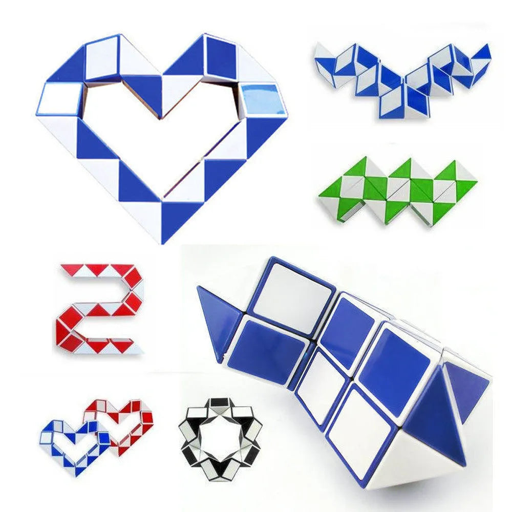 Magic Puzzle Snake twistable plastic fidget toy in small 5x5x5cm and large 7x7x7cm sizes with colourful segments.