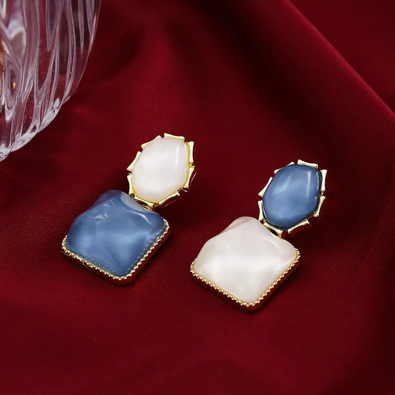 Contrast colour water ripple geometric square earrings in light blue, electroplated alloy, side view