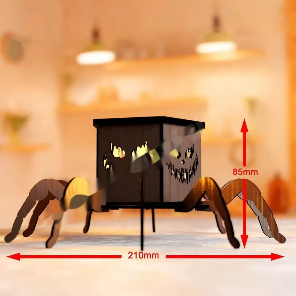 Wooden Halloween spider lantern candlestick decoration measuring 21 by 8.5 centimetres