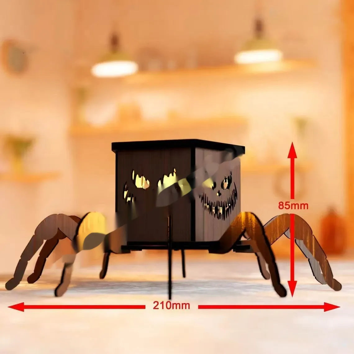 Wooden Halloween spider lantern candlestick decoration measuring 21 by 8.5 centimetres