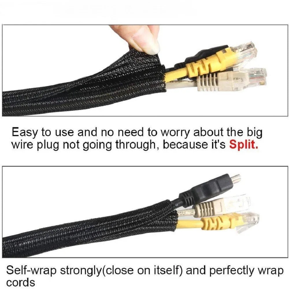Black self-winding flame-retardant polyester sleeve for automotive wire protection, shown in a coil.