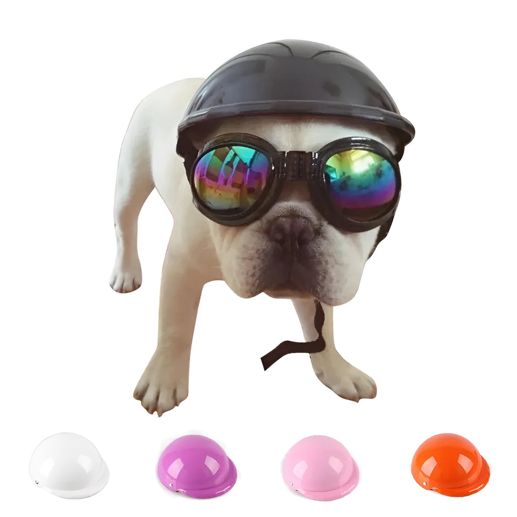 Pet toy helmet in ABS plastic with rivet link belt, available in five colours and three sizes