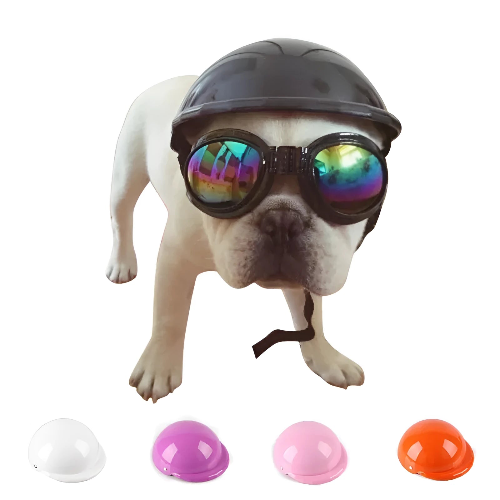 Pet toy helmet in ABS plastic with rivet link belt, available in five colours and three sizes