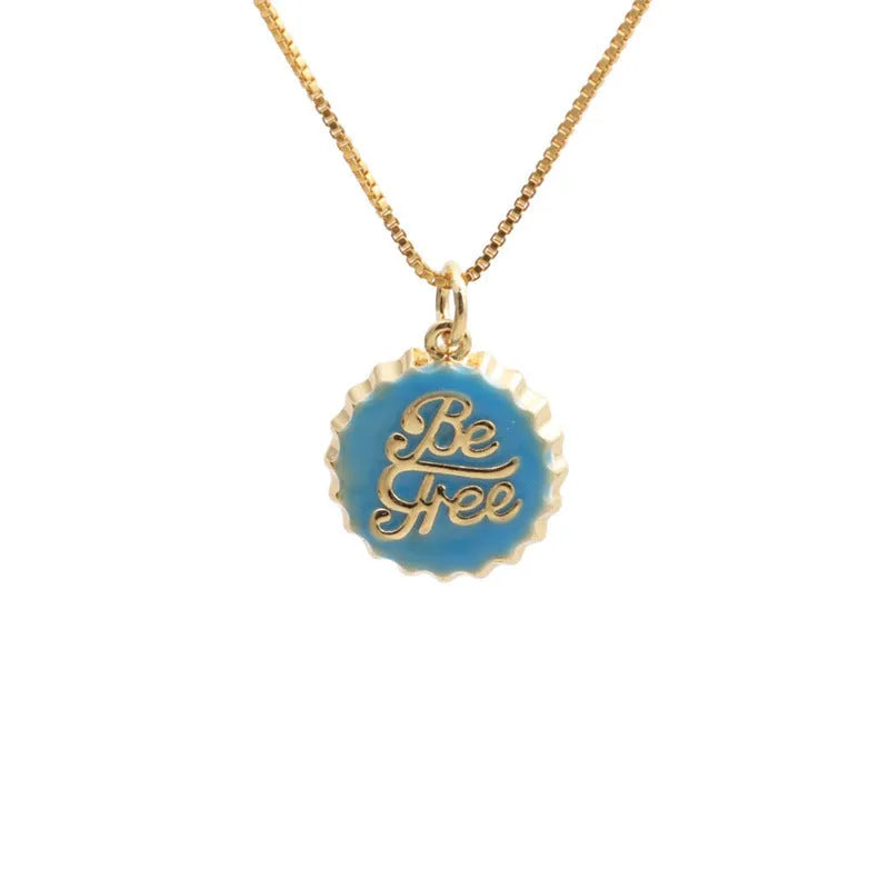 Copper bottle cap pendant necklace on a 40cm box chain with 18K gold electroplating.