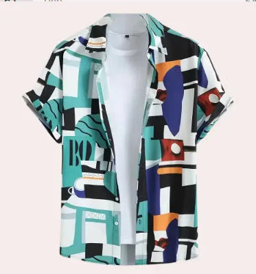 Men's loose fit camouflage cardigan shirt with 3D digital printing and short sleeves