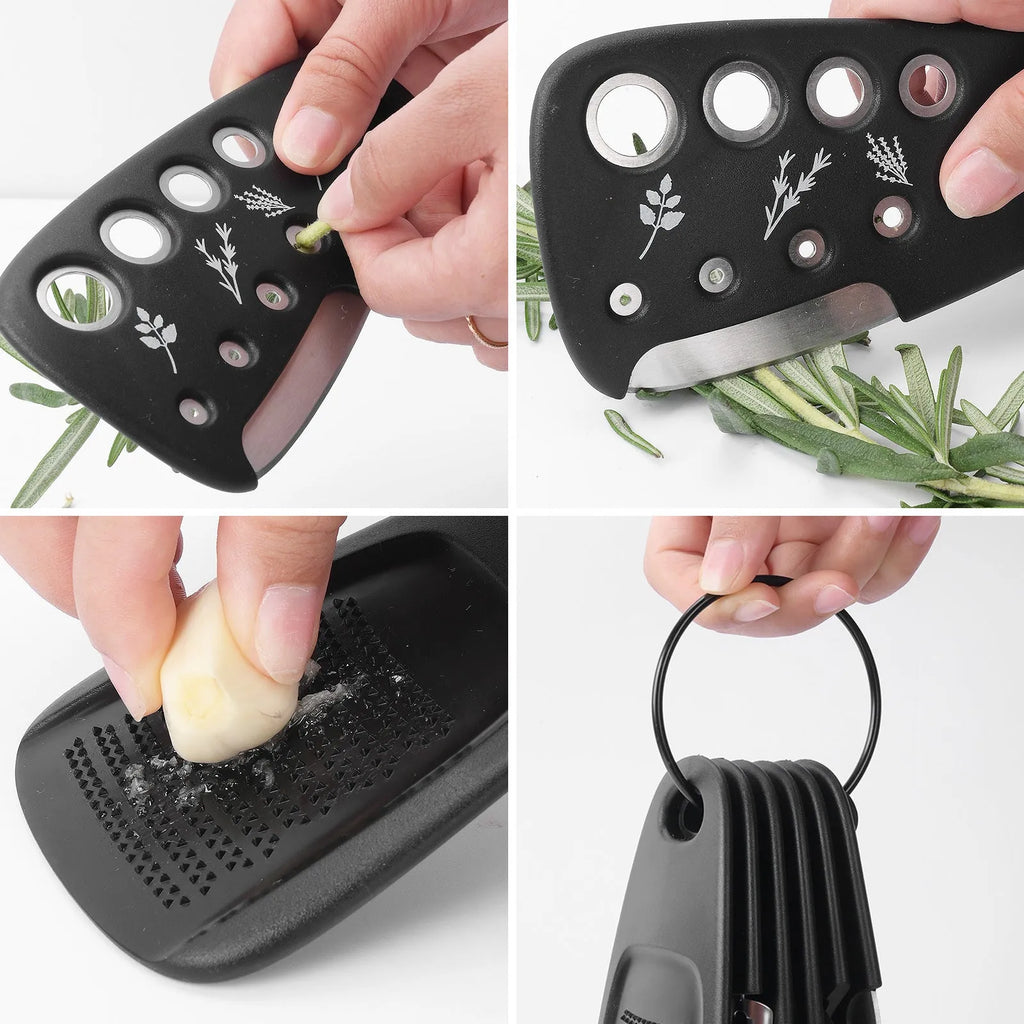 Six kitchen gadgets including wire whisk, dough scraper, potato peeler, garlic press, pizza cutter and bottle opener in colour box packaging