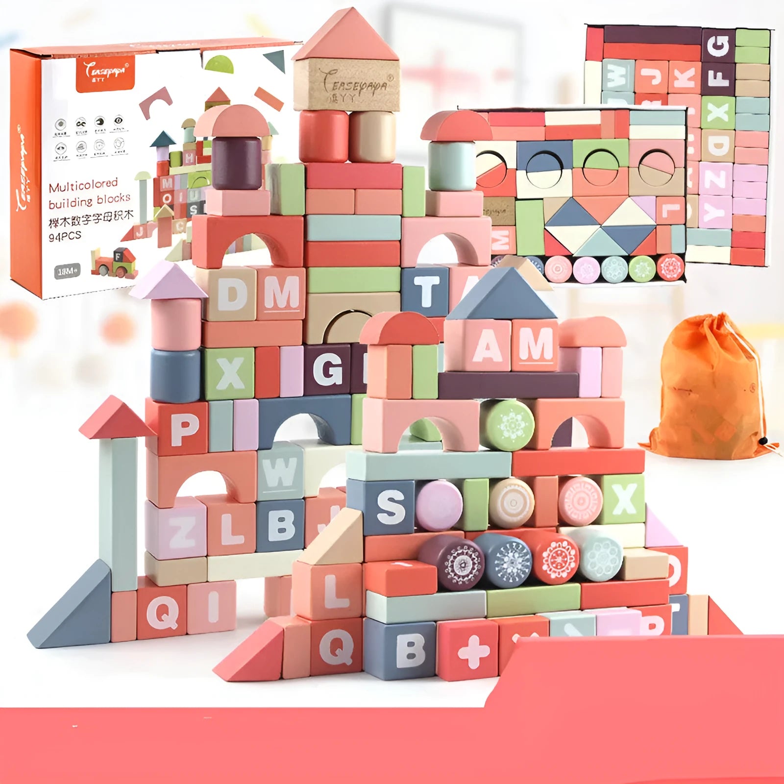 94 beech wood building blocks in a colour box measuring 25.5x7x20cm for children assembly play