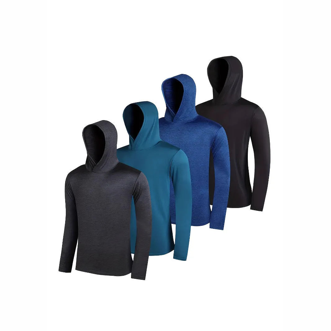 Four men's lightweight hoodies in elastic polyester fibre showing five colour options and size range S to XXXL