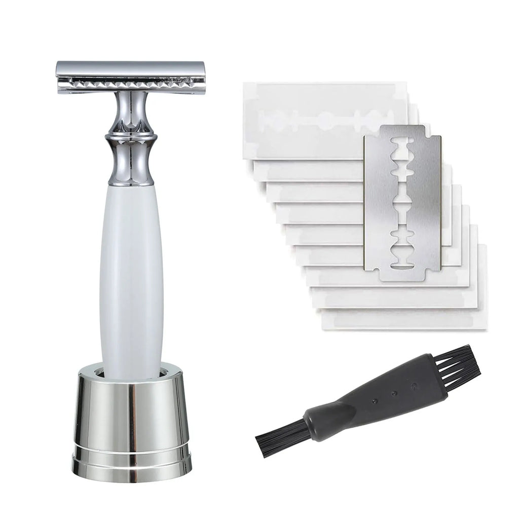 Men's copper manual shaving razor with olive wood handle and matching aluminium alloy razor holder