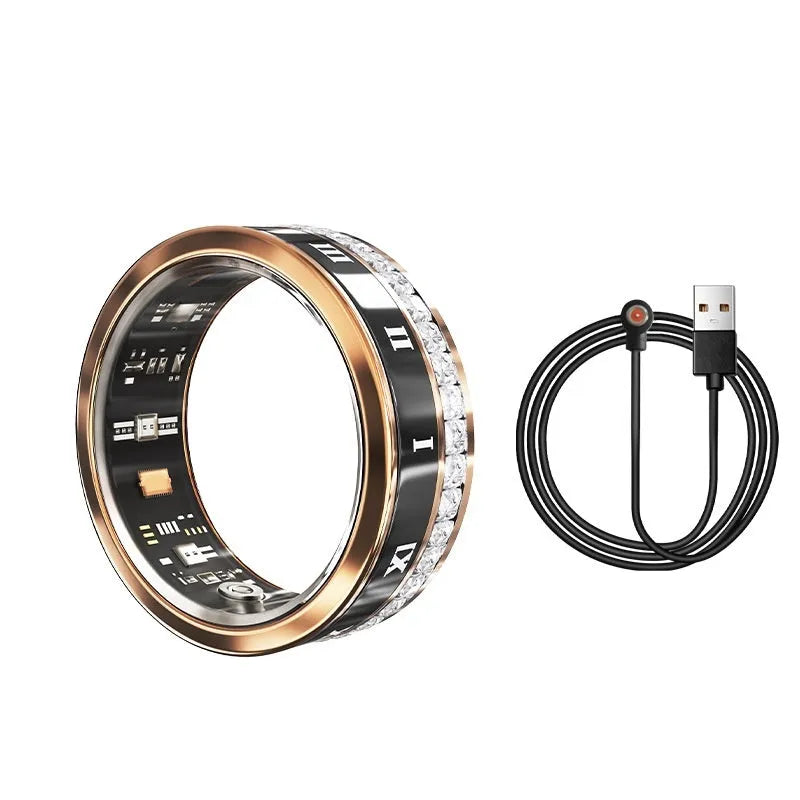 Polished silver smart ring with diamond inlay design on a finger, showing health tracking technology.