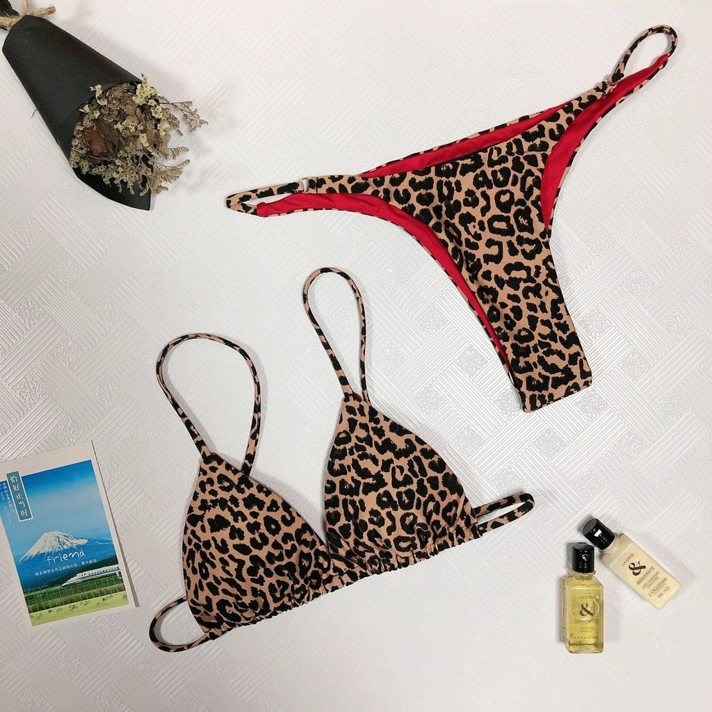 Leopard print bikini swimsuit for women, nylon with milk silk lining, sizes S M L, sleeveless briefs style for swimming
