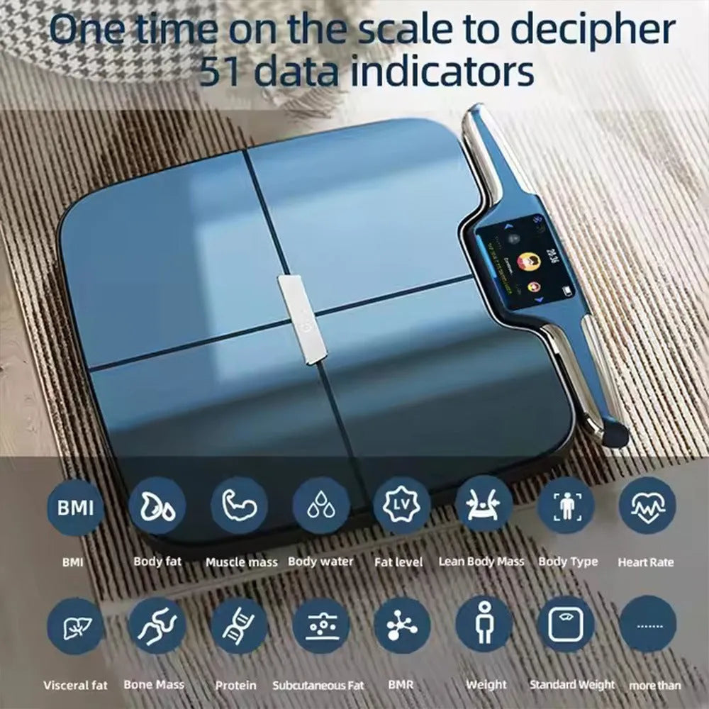 Black eight-electrode intelligent body fat and health monitoring scale on a floor.