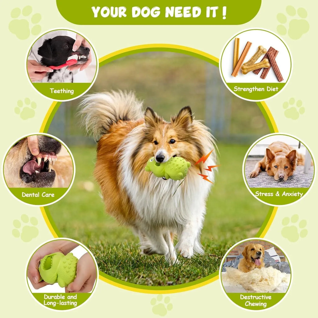 Green natural rubber dog toy for aggressive chewers with squeaker and fillable centre