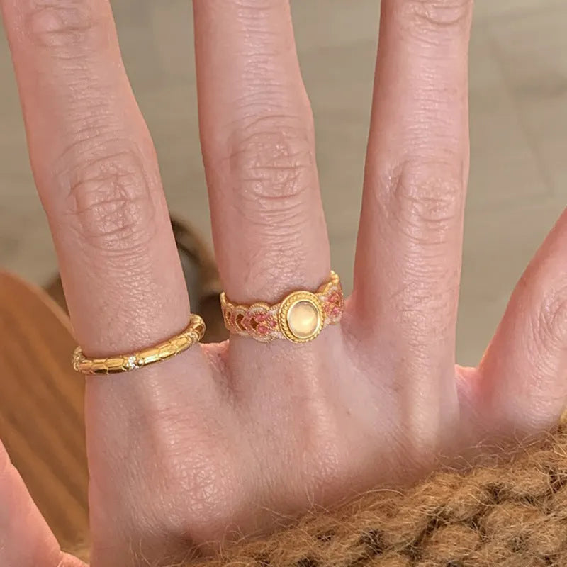 Pink crystal enamel opening ring with geometry shape on copper gold plated base