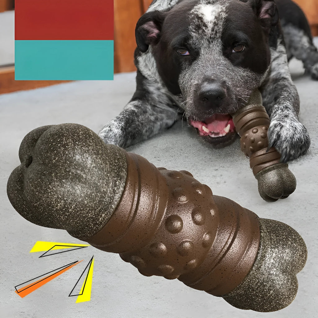 Wood colour plastic dog dental chew toy with textured molar rod design for plaque reduction