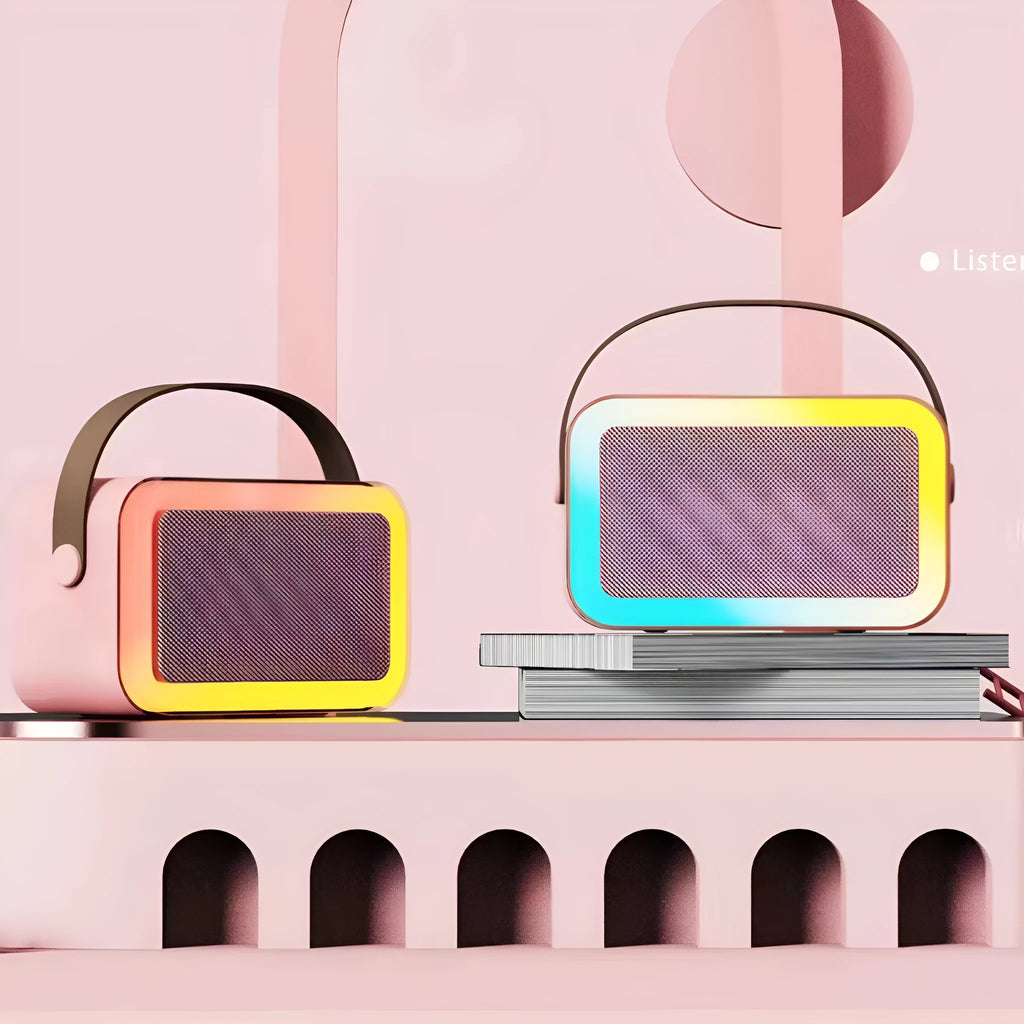 Portable Bluetooth karaoke microphone speaker with coloured LED lights in pink, sky blue or white