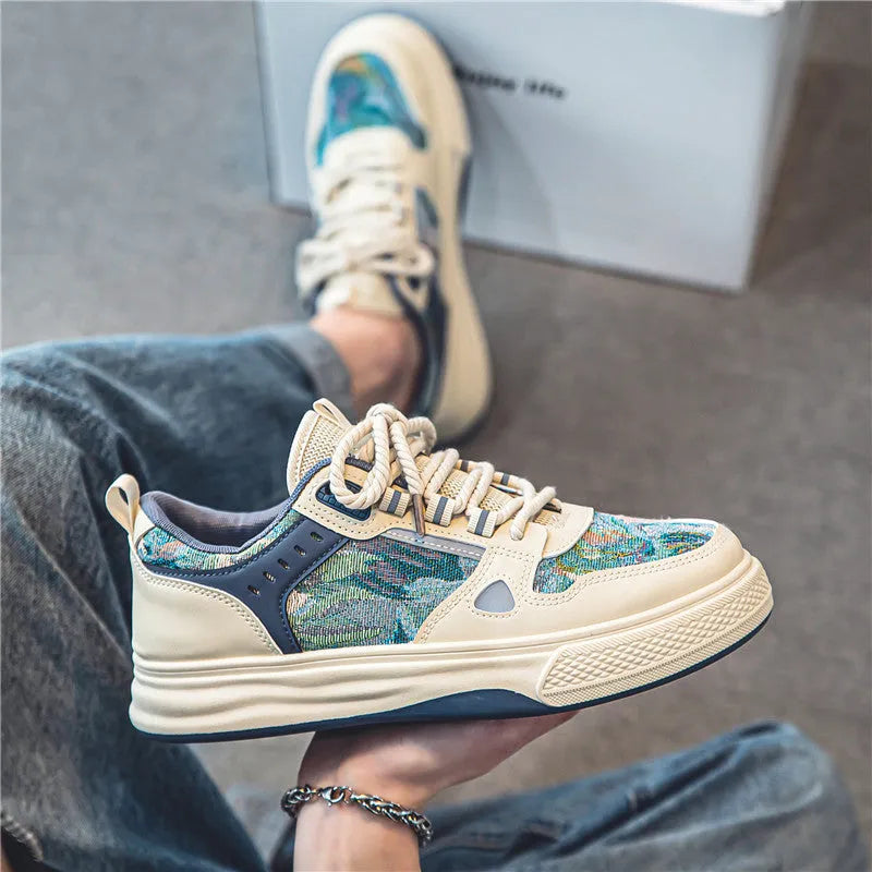 Casual canvas shoes with color matching pattern in Milan green and beige featuring flat heel and round toe design