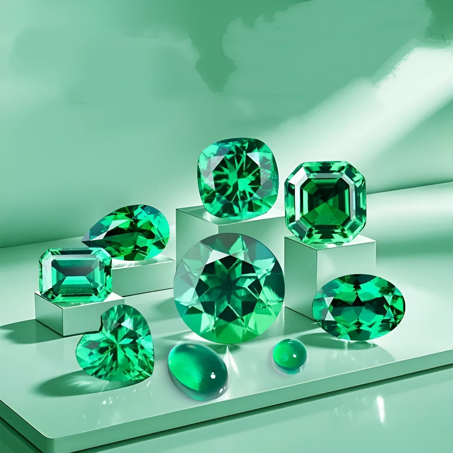 Synthetic emerald gemstones in Columbia green colour showing round and grandmother cut shapes