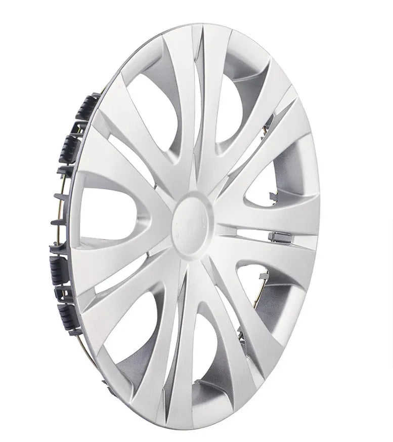 Universal ABS plastic wheel hub cover in silver finish for 15-inch car wheel.