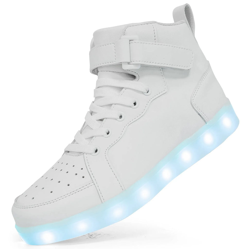LED light-up high-top board shoes with Velcro strap, shown in multiple colours.