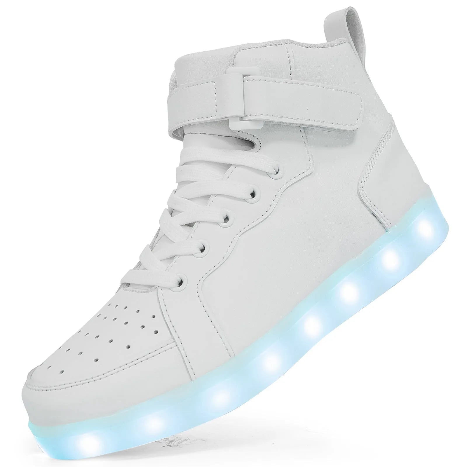 LED light-up high-top board shoes with Velcro strap, shown in multiple colours.