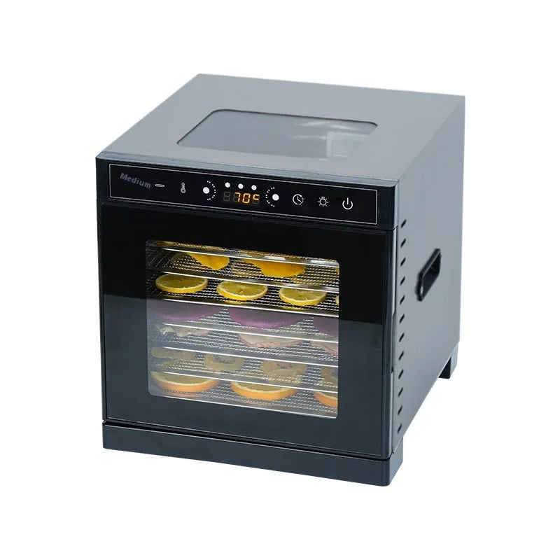 Stainless steel fruit dehydrator with visual skylight window showing drying trays inside
