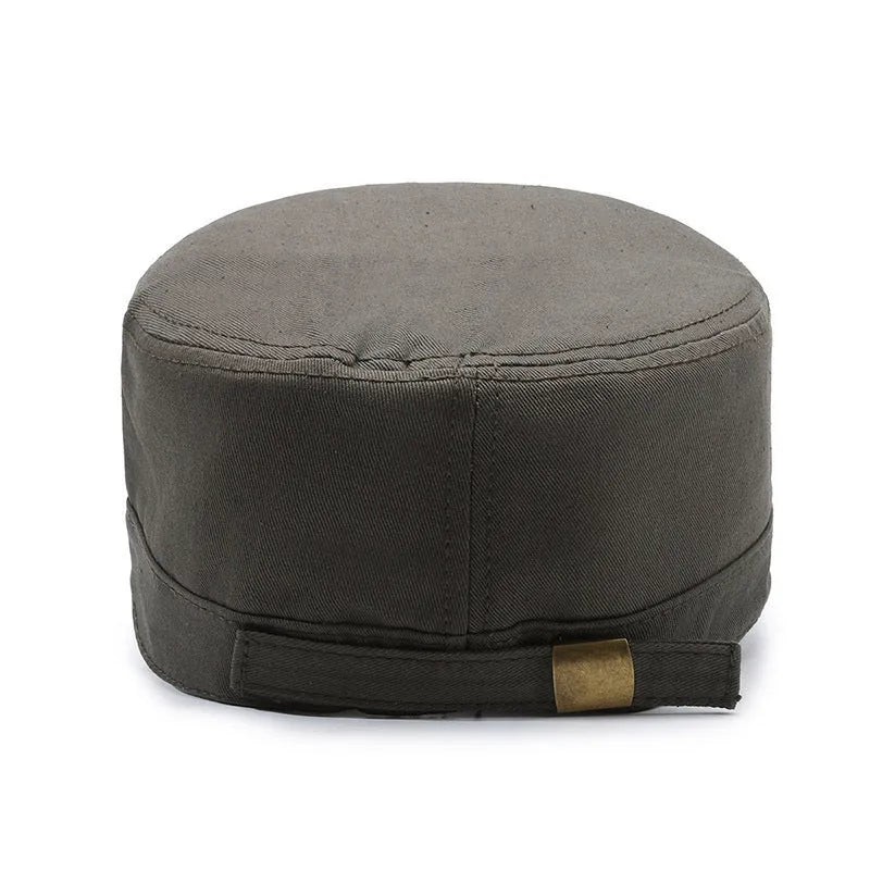 Cotton flat-top peaked cap in army green colour showing adjustable strap and dome crown