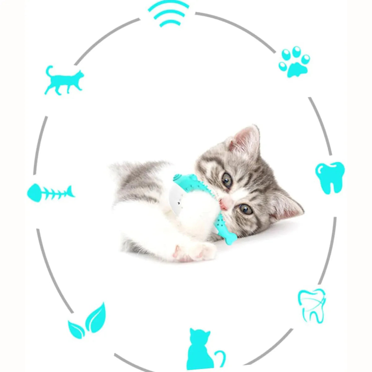 Silicone fish-shaped cat chew toy in blue, green, pink or yellow colours for interactive play