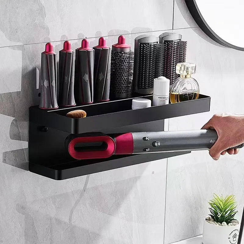 Aluminium double-layer punch-free bathroom storage rack for hair curlers in black colour