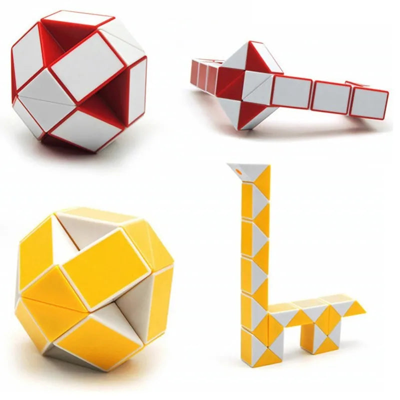 Magic Puzzle Snake twistable plastic fidget toy in small 5x5x5cm and large 7x7x7cm sizes with colourful segments.