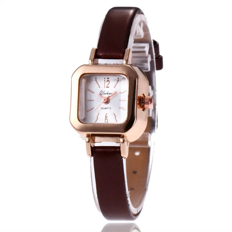 Women's retro-style fashion watch with a thick 10mm alloy case shown in black, white, pink, and brown colours.