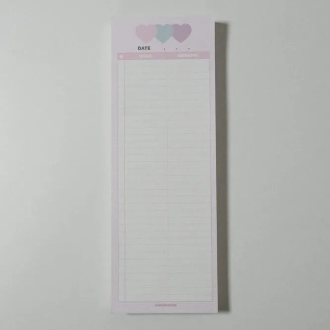 Vertical half-B5 notepad with double-sided printing in pink, purple, or blue cover colours