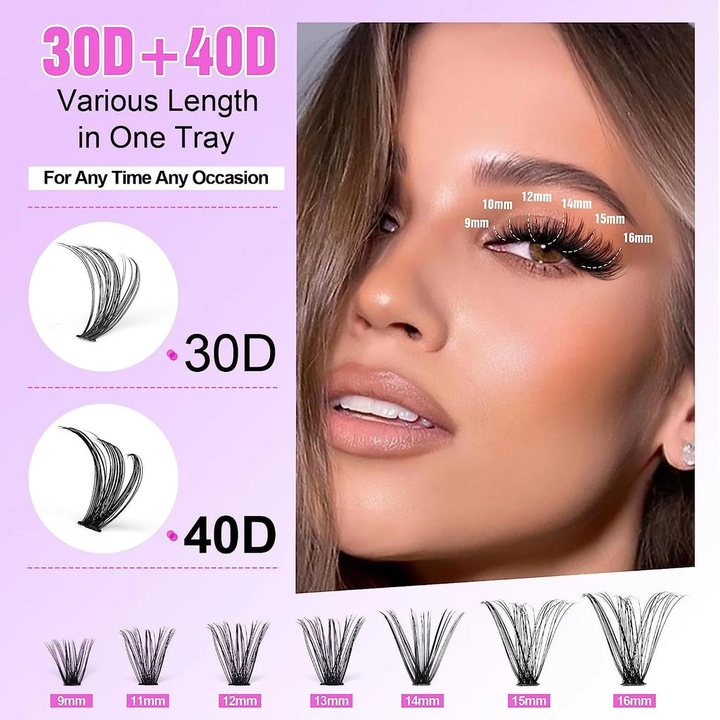 Mixed package of DIY cluster false eyelashes in 30D and 40D densities with application tweezers