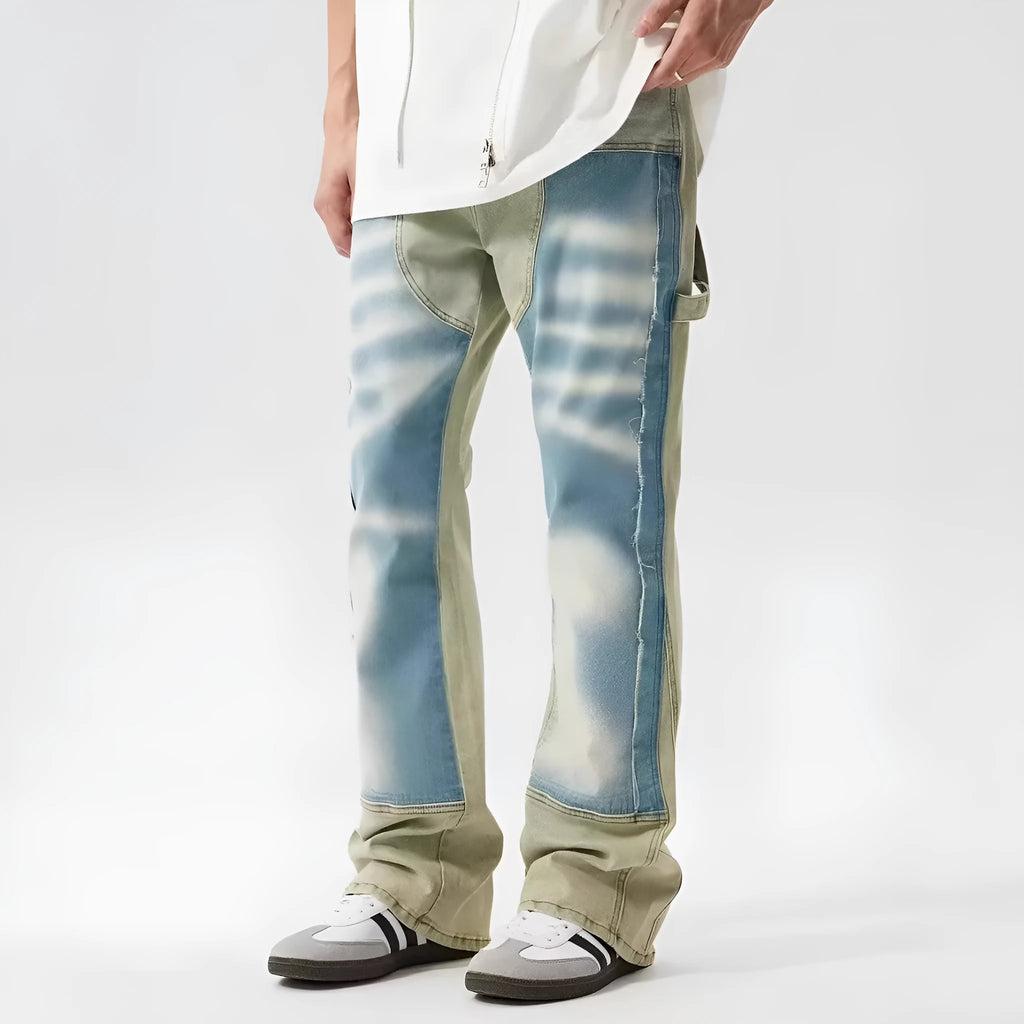 Yellow and blue retro patchwork splash-ink damaged design jeans with mid waist and zip fly