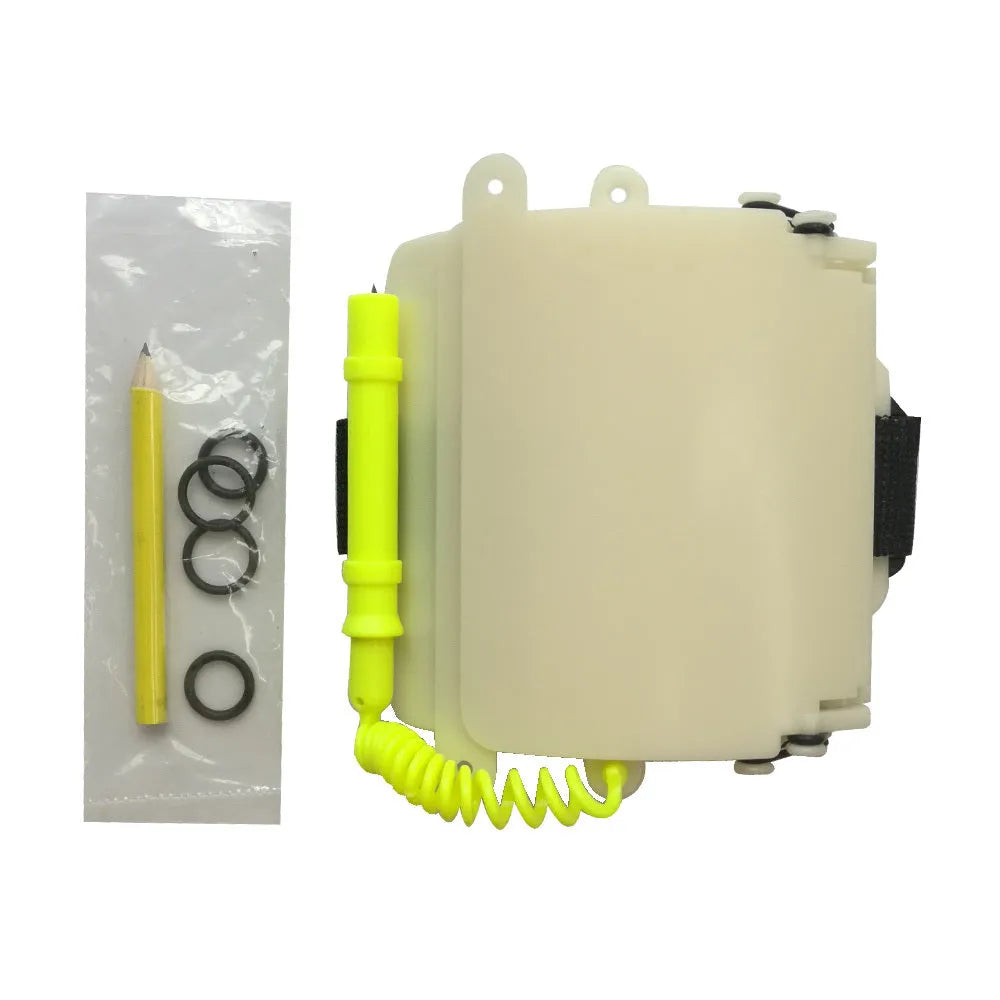 White luminous underwater writing board mounted on diving wrist with pencil and spare O-ring