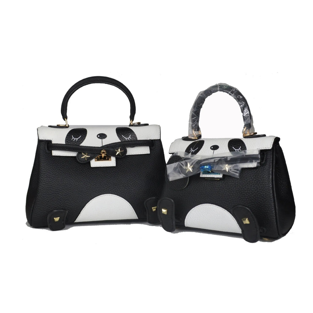 Panda print cow leather women's handbag in horizontal square shape