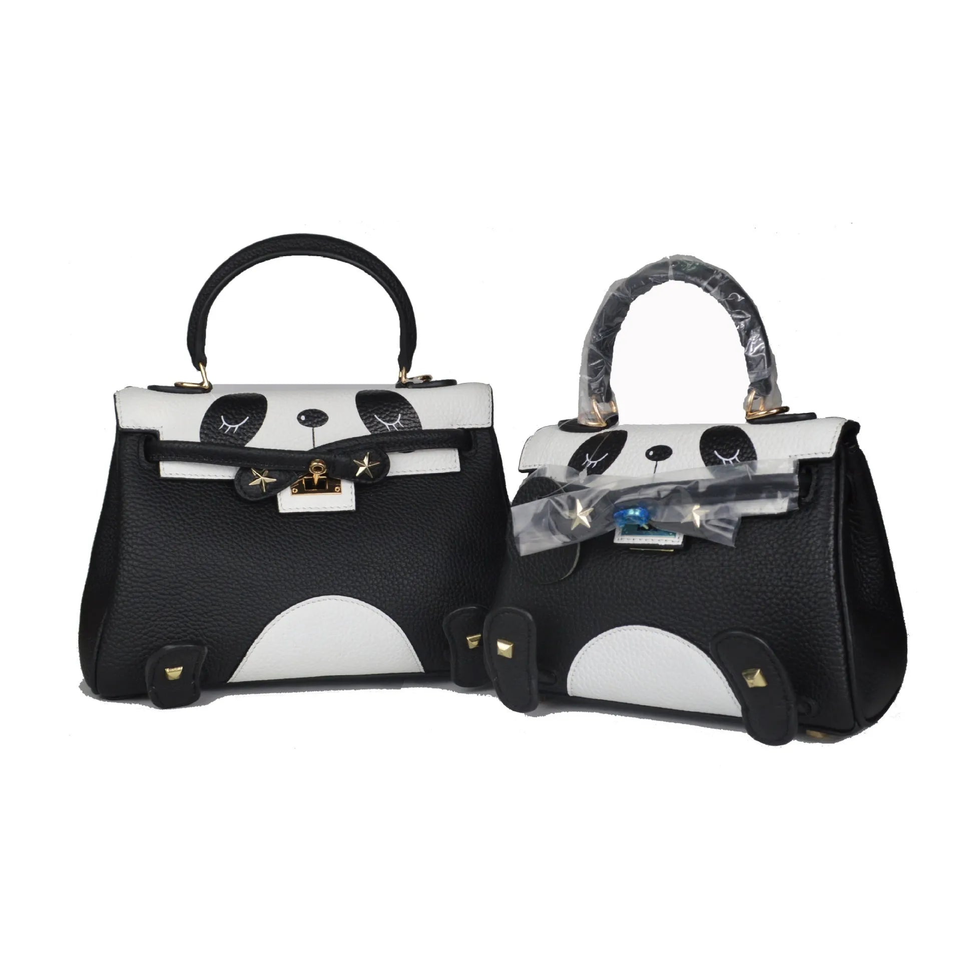 Panda print cow leather women's handbag in horizontal square shape