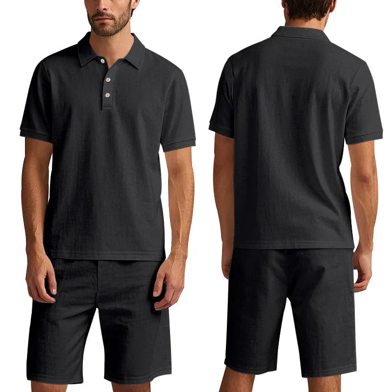 Men's light grey linen blend short sleeve top and shorts summer suit set on a hanger.
