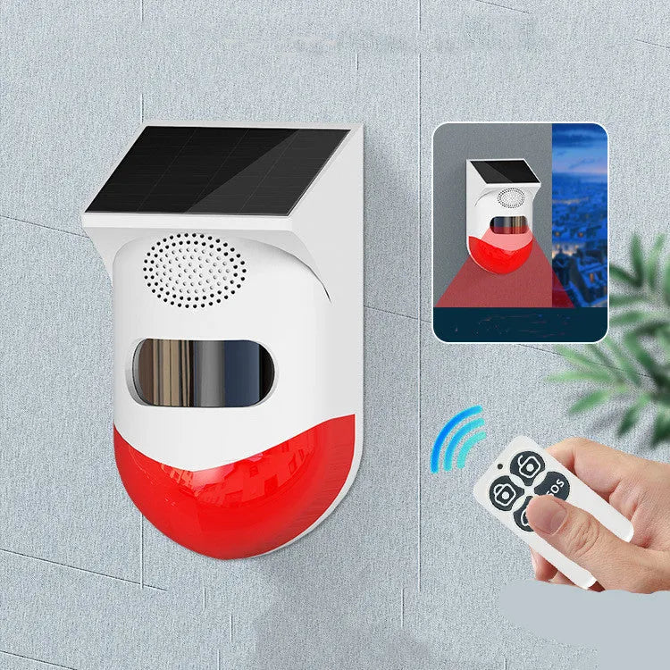 Solar-powered infrared security alarm with wall mount and detection range indicator