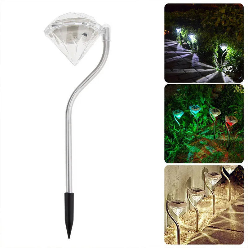 White solar-powered LED garden spotlight with adjustable head on a stake for outdoor use.