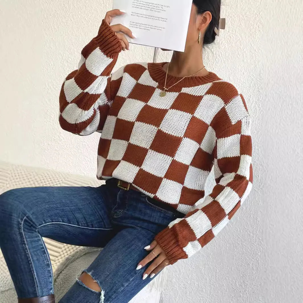 Dark brown acrylic pullover sweater with chessboard plaid pattern, loose round neck and long sleeves