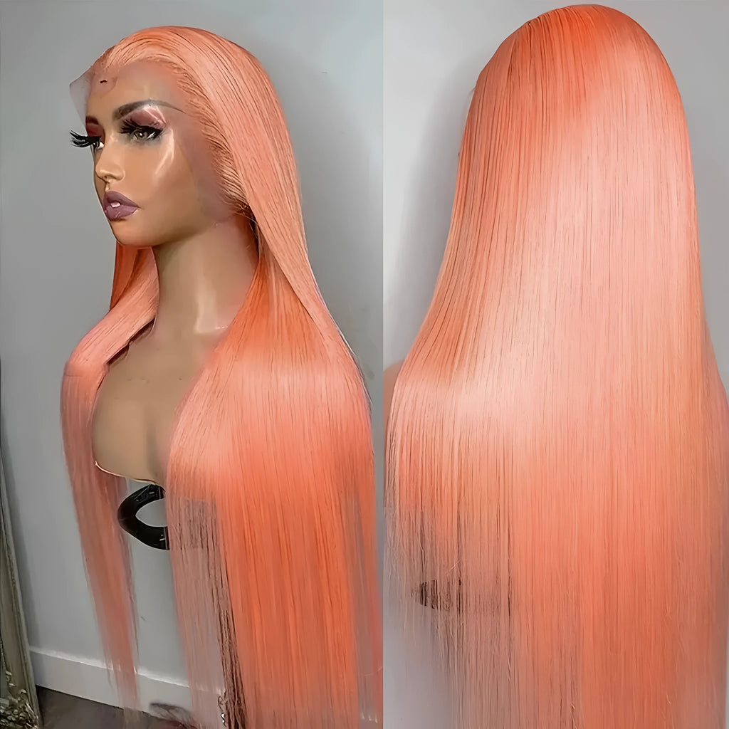 Light orange long straight synthetic wig with front lace and side bangs on a display head