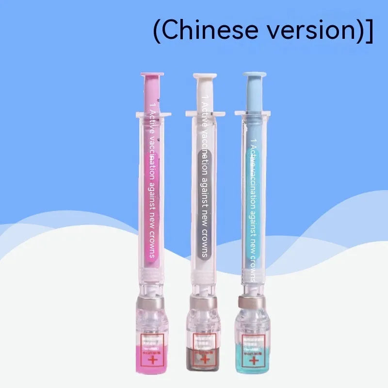 Creative vaccine design gel pen with black ink refill showing 15.7cm length